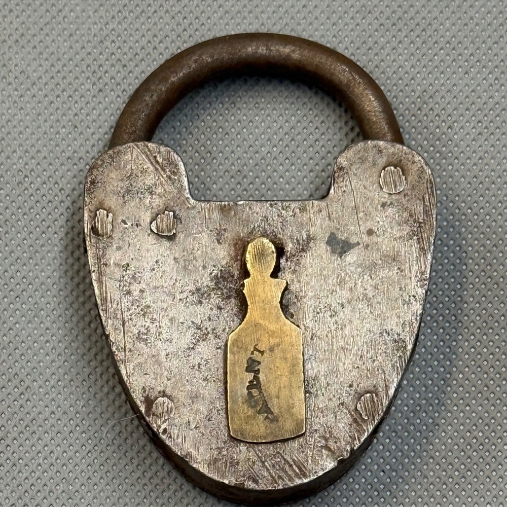 Antique Heart Shaped Iron Padlock Brass Patent Swivel Keyhole Cover No Key